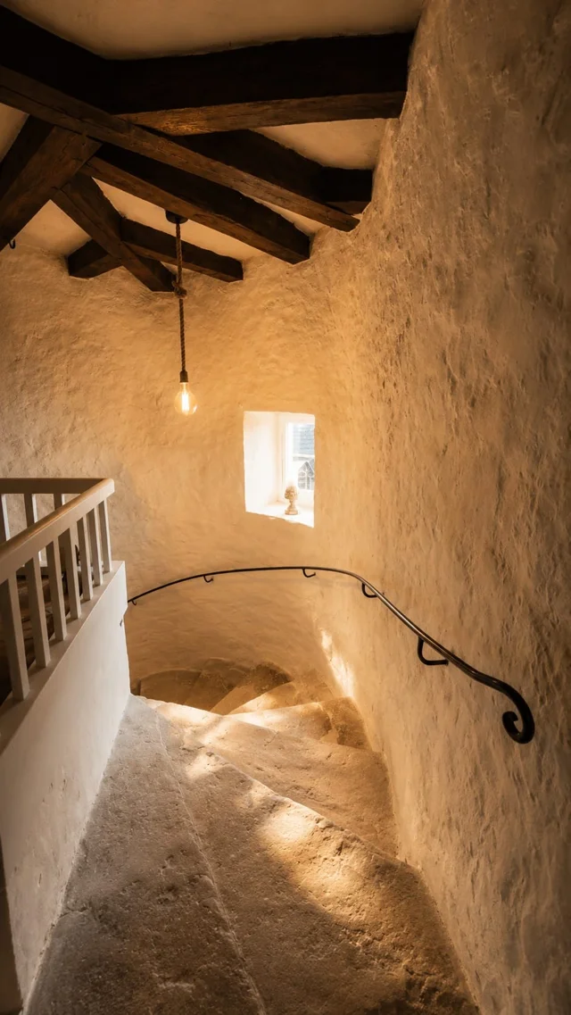 L’escalier de pierre de la tour, éclairé par une petite fenêtre.