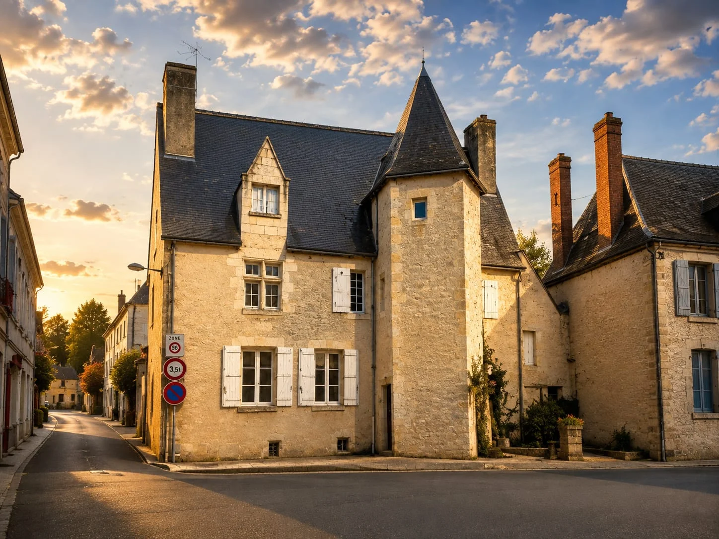 La façade en pierre blonde du Presbytère, sa tourelle et ses toits d’ardoise dans la lumière du soir.