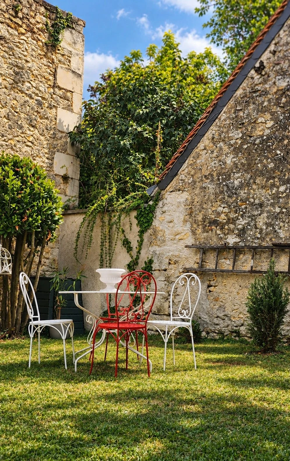 La table du jardin entourée de chaises blanches et d’une chaise rouge, entre les murs de pierre et la végétation.