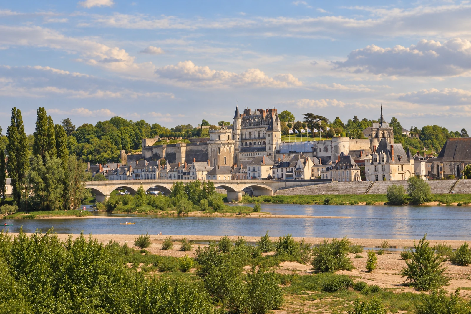 Le château royal et la ville d’Amboise vus depuis les rives de la Loire.