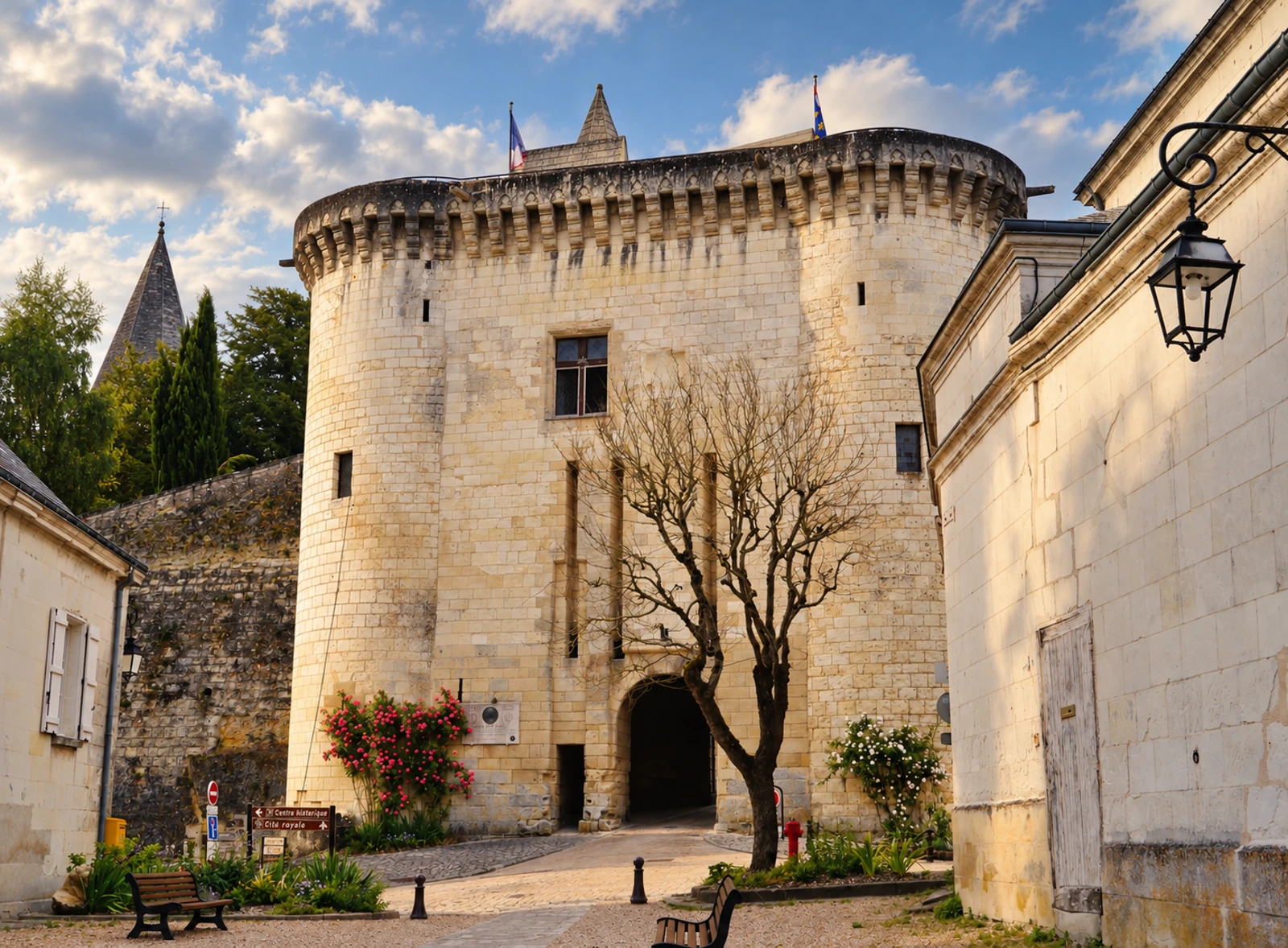 La Porte Royale de la cité royale de Loches, entre les maisons de la vieille ville.