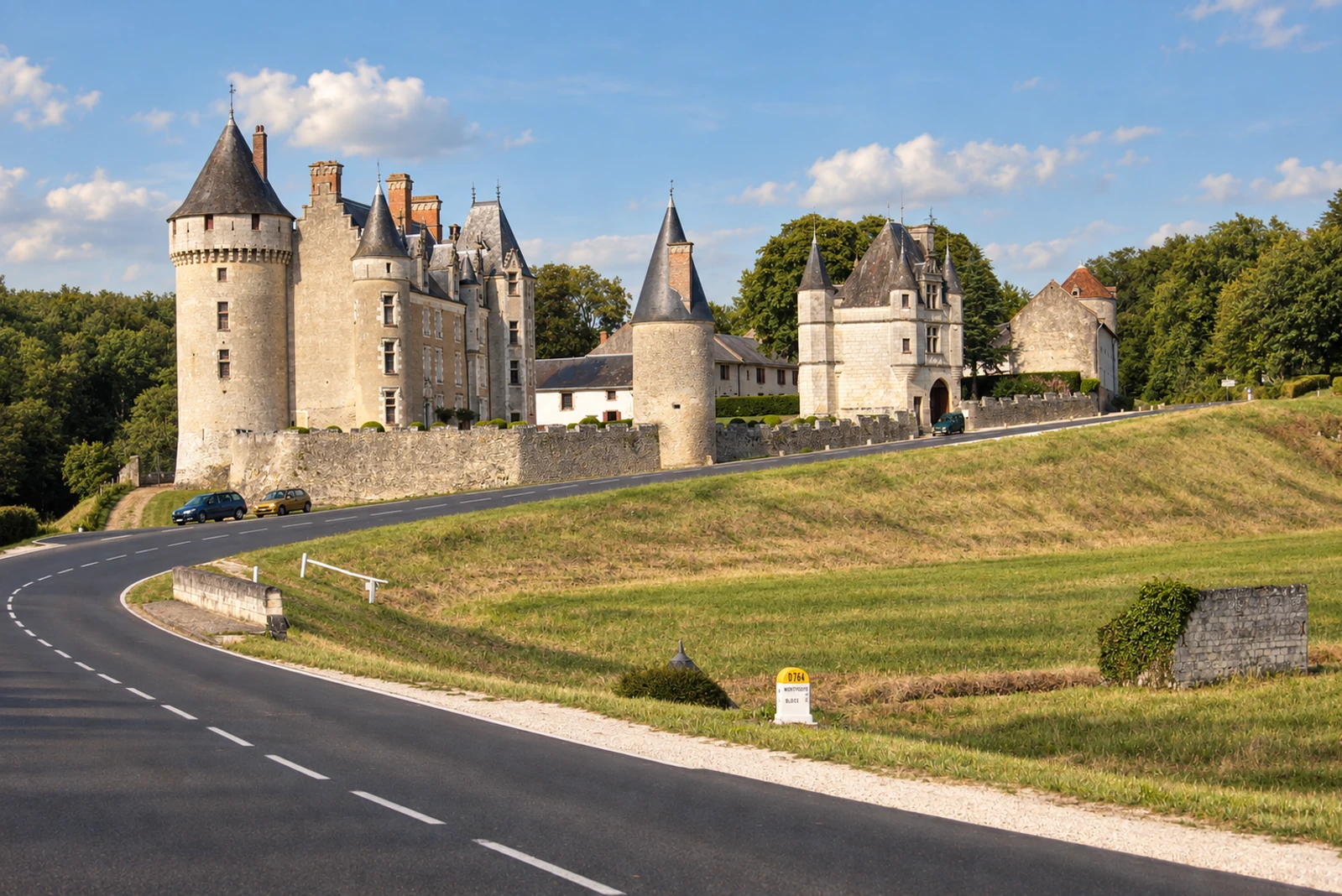 Les tours et le châtelet du château de Montpoupon sous un ciel bleu.