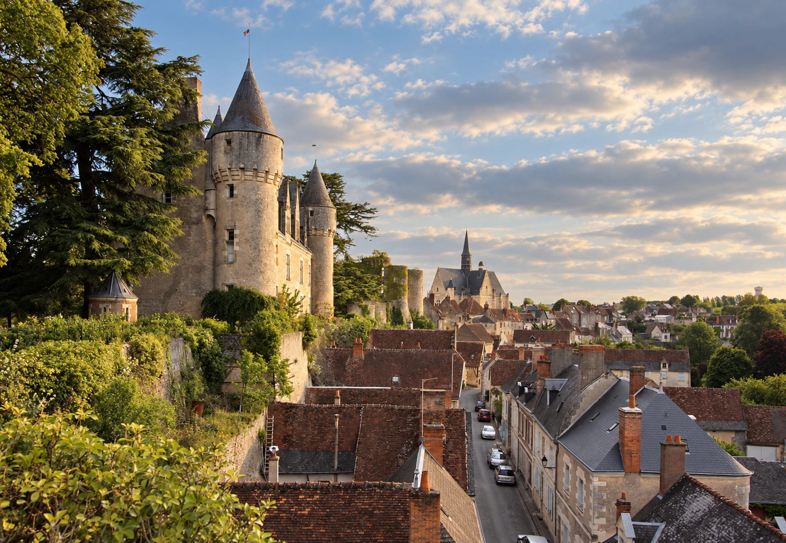 Le château de Montrésor dominant les toits du village et la collégiale Saint-Jean-Baptiste.